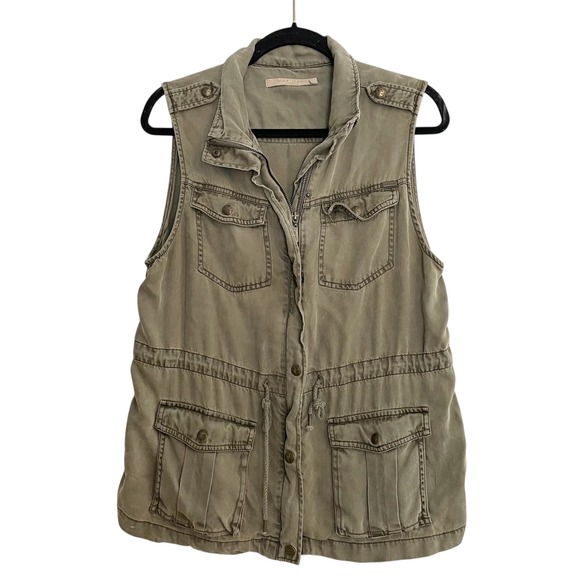 Max Jeans Utility Vest Drawstring Waist‎ Pockets Olive Green Size L Gorpcore - Picture 1 of 14